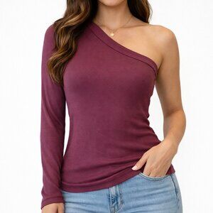 NWT LA Made Encino One Shoulder Ribbed Top Cognac (Plum) Asymmetrical Fitted M